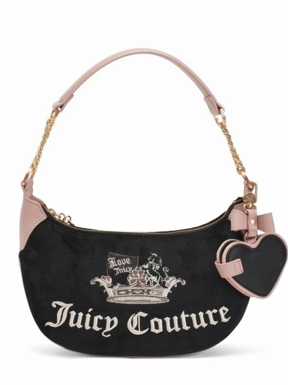 🖤▪️Juicy Couture▪️ Crown Velour Logo Black/Pink Shoulder Bag with Heart Charm